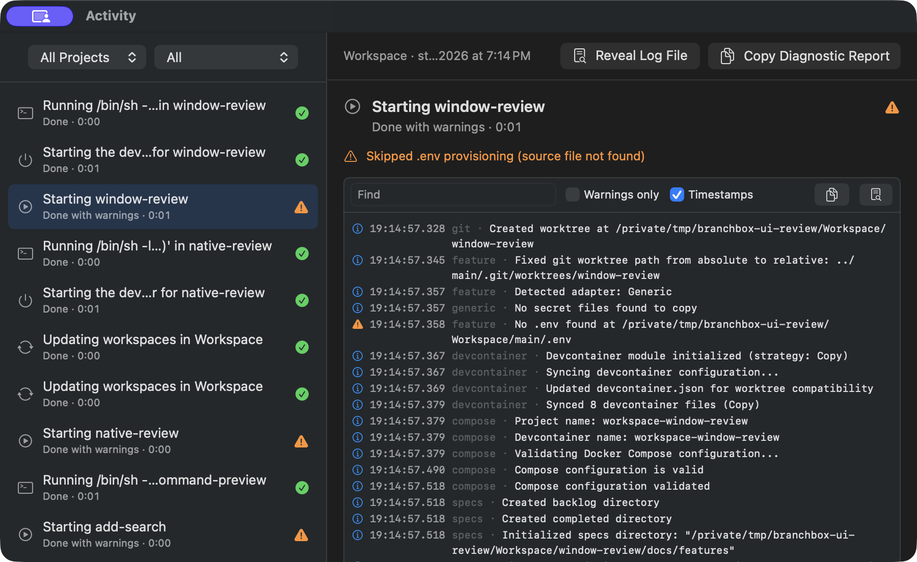 Activity showing a completed Full feature start, the missing .env warning, and timestamped CLI logs