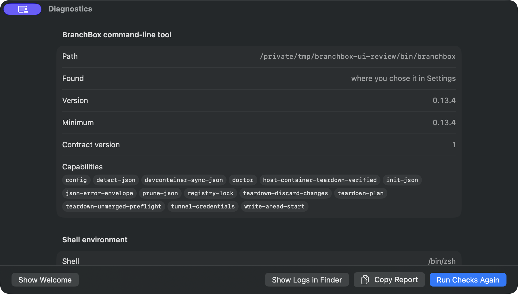Diagnostics showing the selected CLI, version, contract version, and advertised capabilities