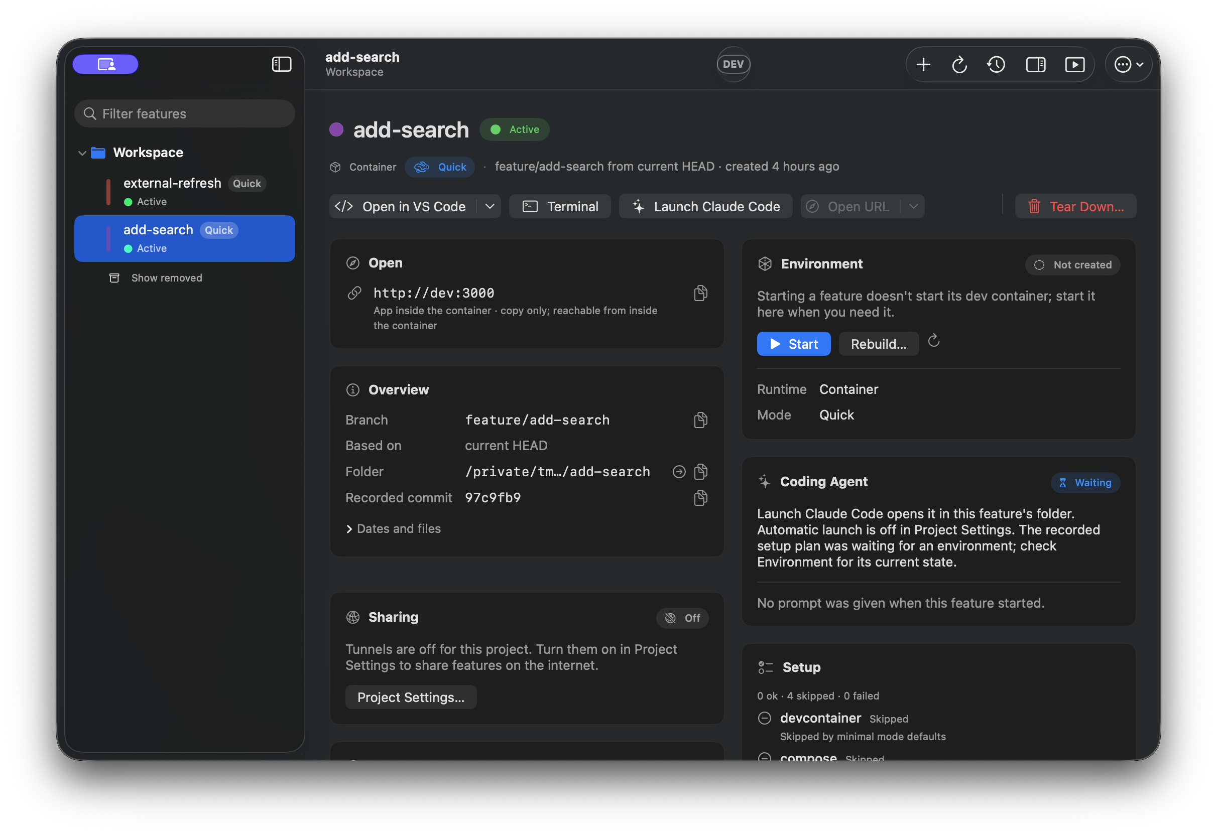 Feature overview showing the recorded branch and commit, Quick setup, and a devcontainer that is not created