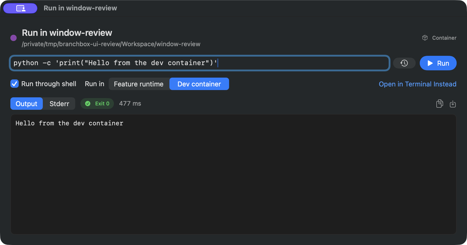 Run Command result showing the command's output and exit status