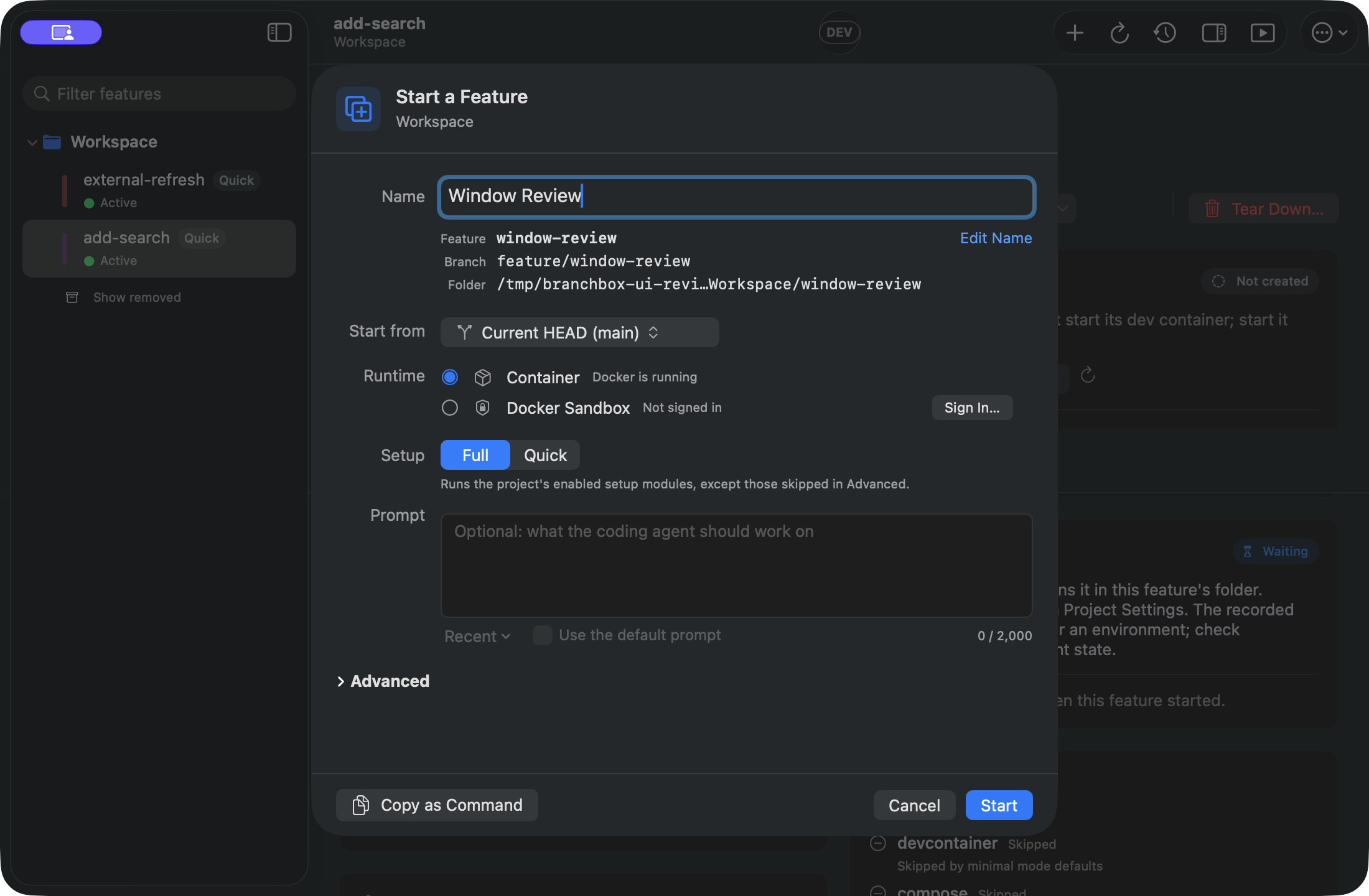 Start a Feature form with Full setup selected and the generated feature slug, branch, and folder